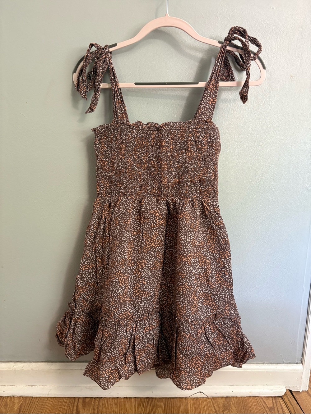 Smocked Brown Floral Tie-Shoulder Mini Dress